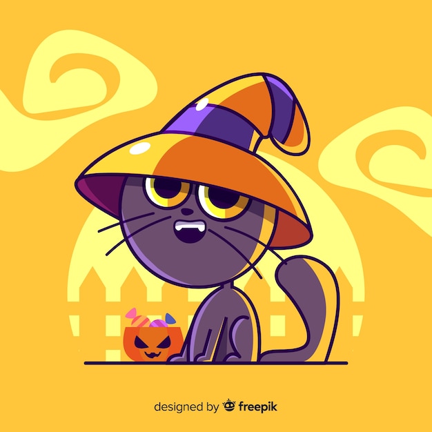 Joli Chat Sorcier Sur Fond Jaune Vecteur Gratuite