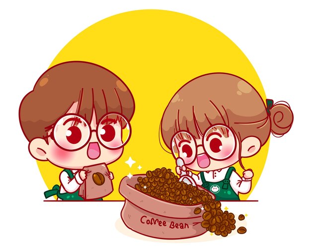 Joli couple Barista en tablier scoop grains de café illustration de personnage de dessin animé