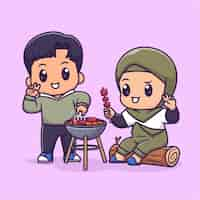 Vecteur gratuit joli couple garçon et fille hijab cuisine boeuf barbecue ensemble dessin animé vecteur icône illustration personnes