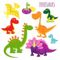 Vecteur gratuit joli ensemble d'icônes vectorielles de dinosaures de bébé dessin animé vif aux couleurs vives pour les enfants montrant une variété d'espèces clipart sur blanc