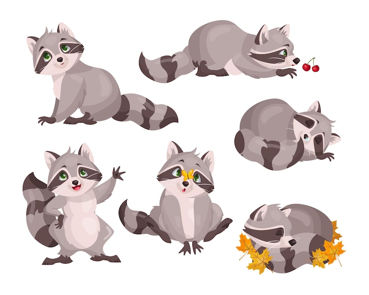 Vecteur gratuit joli jeu de caractères de raton laveur. illustrations vectorielles de petits animaux sauvages de la forêt. poses drôles de dessin animé de dormir, jouer, agitant un adorable raton laveur isolé sur blanc. forêt, nature, concept de mascotte