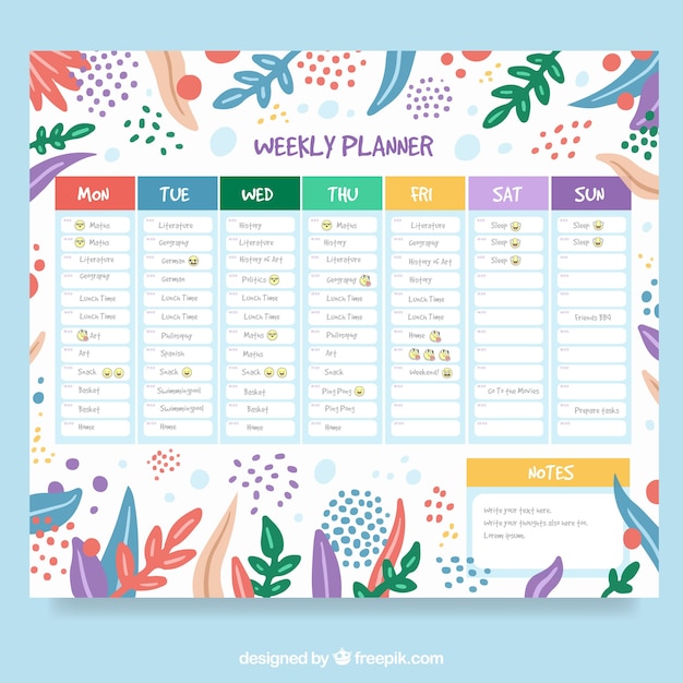 Vecteur gratuit joli modèle de calendrier hebdomadaire avec style floral