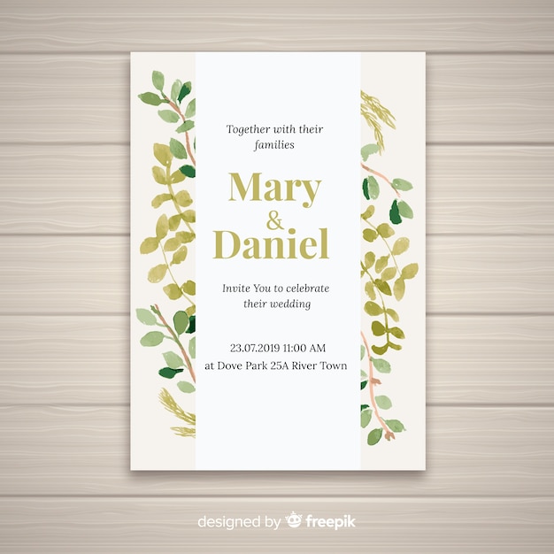 Joli Modèle De Carte De Mariage Avec Des Feuilles D'aquarelle