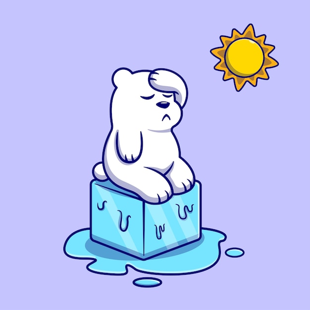 Vecteur gratuit joli ours polaire assis sur une glacière fondante avec soleil dessin animé vecteur icône illustration nature animale