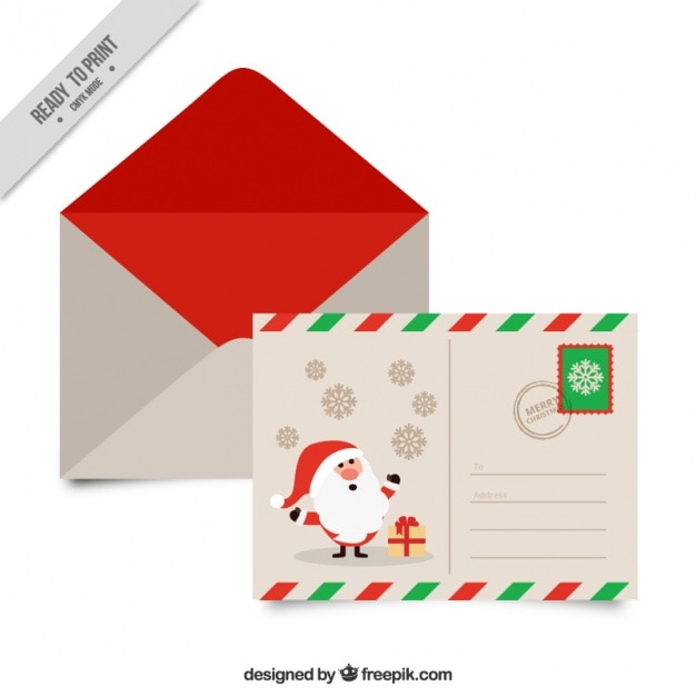 Vecteur gratuit jolie carte postale du père noël avec enveloppe