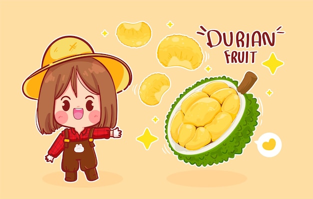 Jolie fille agriculteur et illustration d'art de dessin animé de fruits durian