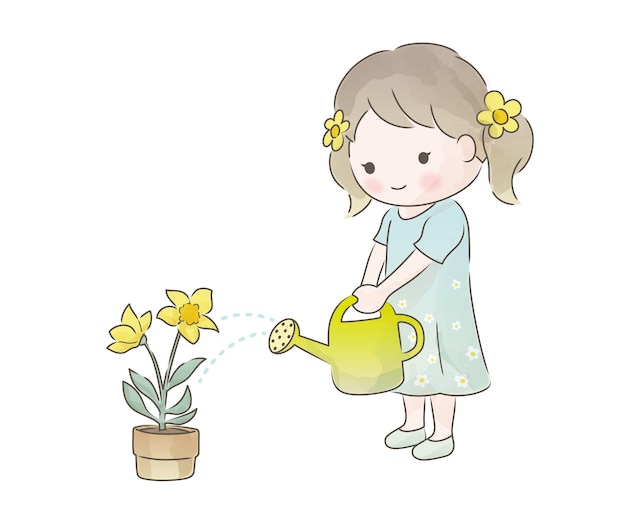 Vecteur gratuit une jolie fille arrosant des plantes en pot illustration vectorielle à l'aquarelle sur fond blanc
