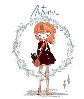 Jolie fille d'automne avec un chat sur son sac