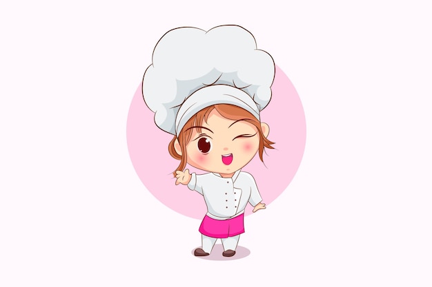 Vecteur gratuit une jolie fille chef dessin animé avec une illustration rose