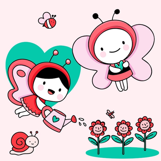 Vecteur gratuit jolie fille et garçon dessinant un jeune couple de style dessin animé pour la carte de saint valentin avec illustration vectorielle de texte dessin animé personnage design plat