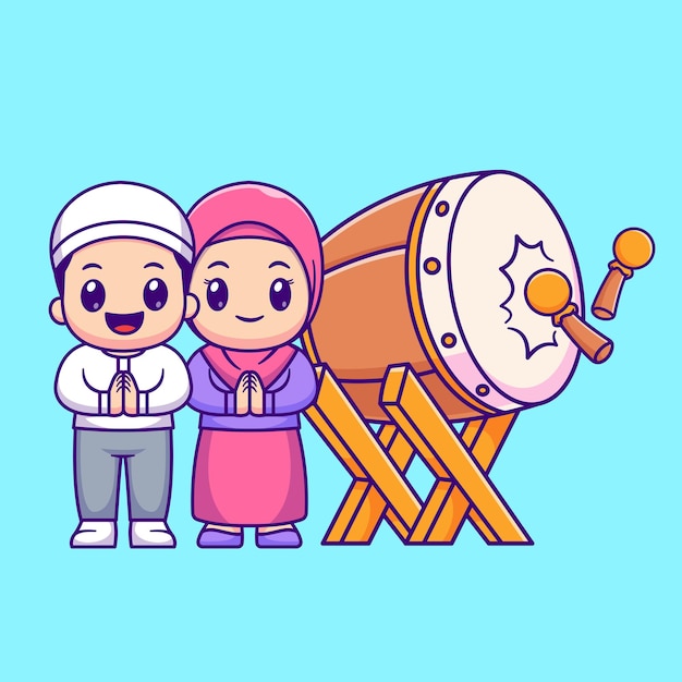 Jolie Fille Et Garçon Musulman Célébrant Eid Mubarak Avec Bedug Drum Cartoon Vector Icon Illustration