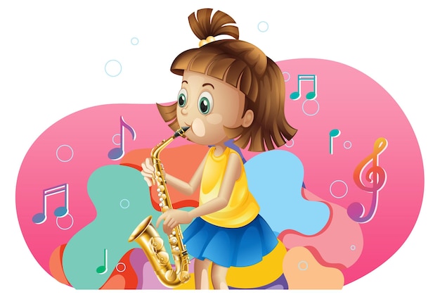Vecteur gratuit jolie fille jouant au dessin animé de saxophone