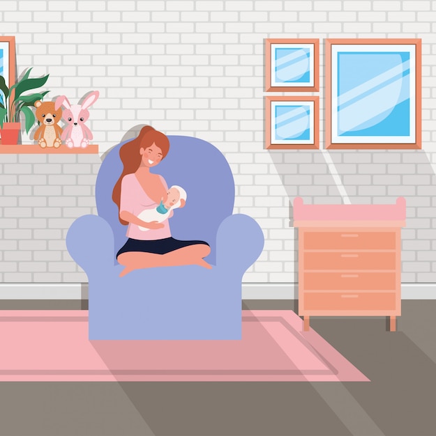 Vecteur gratuit jolie mère avec bébé nouveau-né dans le salon