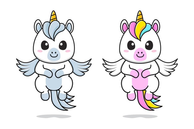 Jolie Petite Licorne Et Pegase Volant Vecteur Premium