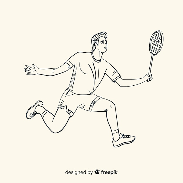 Joueur De Badminton Dessiné à La Main Avec Une Raquette