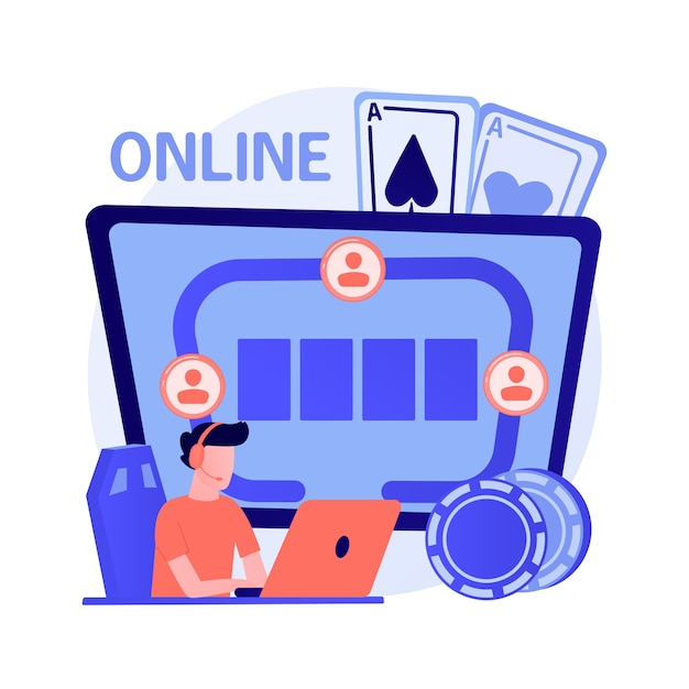 Vecteur gratuit joueur jouant au poker en ligne, le gars a gagné au casino internet. jeu de cartes risqué, jeu numérique, tournoi virtuel. joueur réussi avec bonne fortune. illustration de métaphore de concept isolé de vecteur