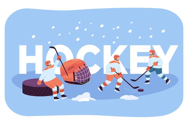 Vecteur gratuit joueurs de hockey en uniforme s'entraînant avec des bâtons et une rondelle sur la patinoire. hommes faisant des sports d'hiver sur fond d'illustration vectorielle plate de mot hockey. concept d'activité de temps libre pour le papier peint