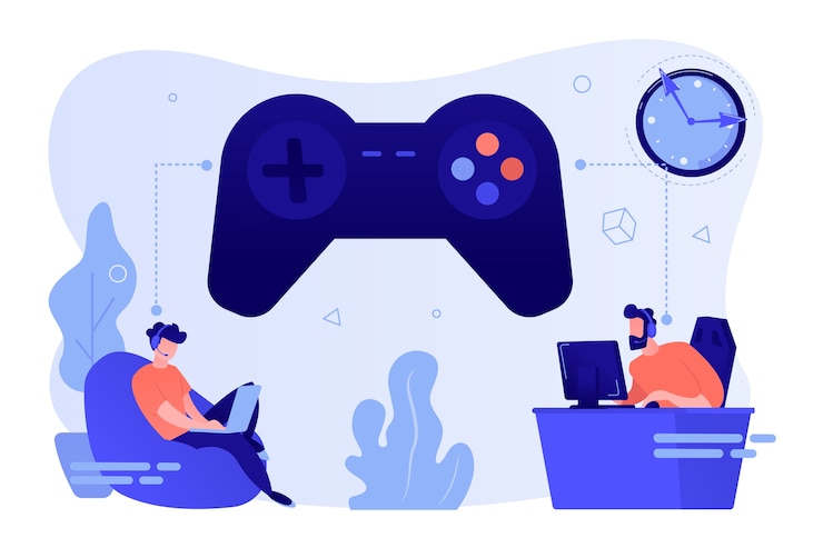 Vecteur gratuit joueurs de personnes minuscules jouant au jeu vidéo en ligne, énorme joystick et horloge