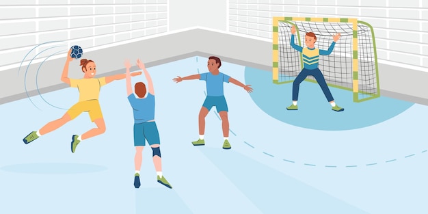 Vecteur gratuit joueuse lançant une balle pendant le match de handball illustration vectorielle plane