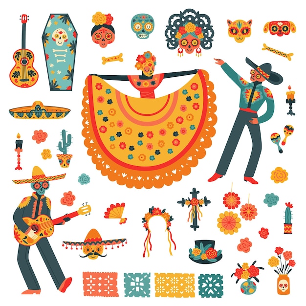 Jour De Fête Mexicain Plat Des Morts Sertie De Symboles Traditionnels Colorés Fleurs Instruments De Musique Et Personnes Dansant Dans Des Masques Illustration Vectorielle Isolée