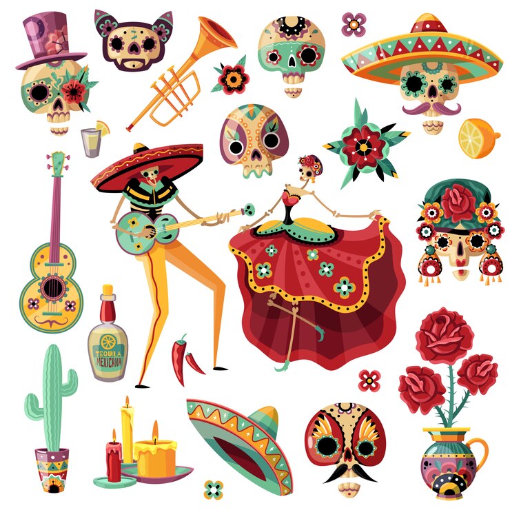Vecteur gratuit jour de vacances mexicain de musique ethnique et danse masques décoratifs bougies bougies fleurs