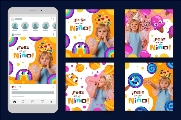 Vecteur gratuit journée des enfants plats dans la collection de publications instagram espagnoles