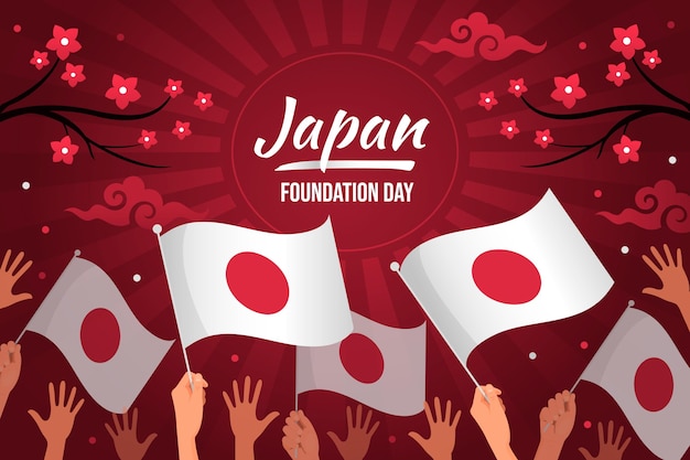 Vecteur gratuit journée de la fondation plate au japon avec des drapeaux