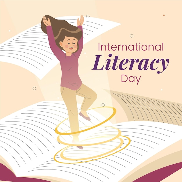 Journée Internationale De L'alphabétisation Dessinée à La Main Avec Une Fille Et Un Livre