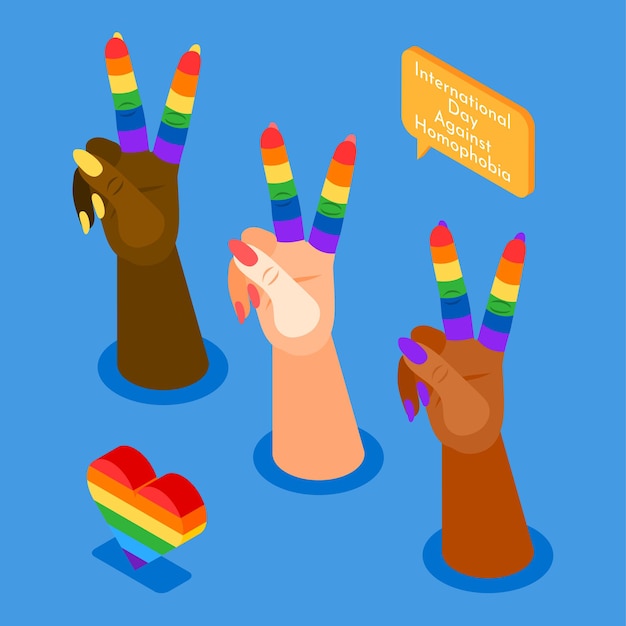 Vecteur gratuit journée internationale contre l'homophobie fond isométrique avec les mains avec deux doigts levés décorés aux couleurs de l'illustration vectorielle du drapeau lgbt