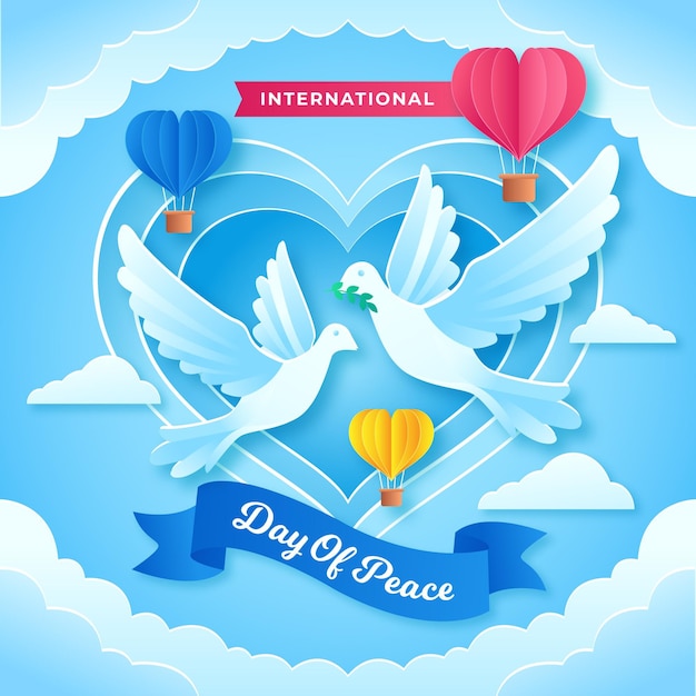 Vecteur gratuit journée internationale de la paix avec les colombes et le cœur