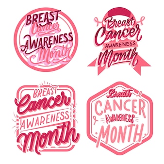 Journée internationale plate dessinée à la main contre la collection d'étiquettes de lettrage contre le cancer du sein