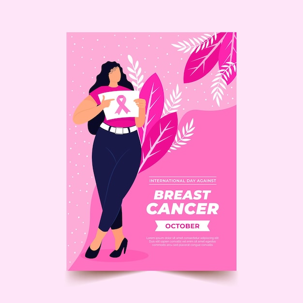 Vecteur gratuit journée internationale plate dessinée à la main contre le modèle d'affiche verticale du cancer du sein