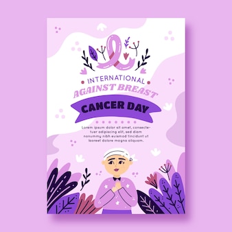 Journée internationale plate dessinée à la main contre le modèle d'affiche verticale du cancer du sein