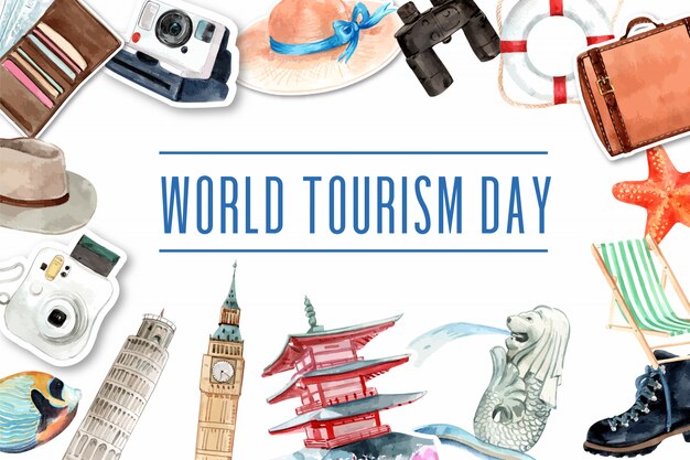 Journée mondiale du tourisme, cadre avec emblème du Japon, Singapour, Londres, Italie