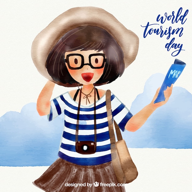 Journée mondiale du tourisme avec voyageur aquarelle