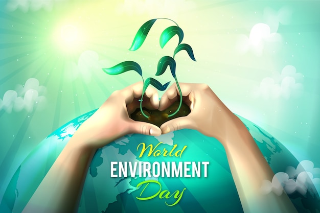 Vecteur gratuit journée mondiale de l'environnement réaliste avec les mains tenant l'usine