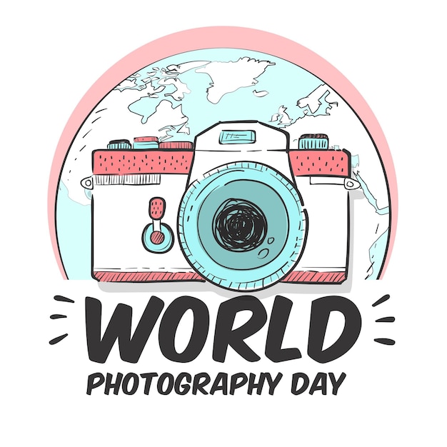Vecteur gratuit journée mondiale de la photographie avec appareil photo et terre