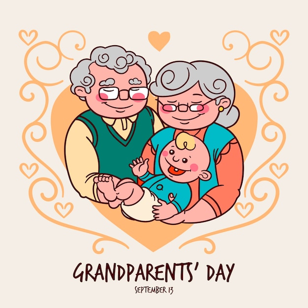 Vecteur gratuit journée nationale des grands-parents dessinés à la main avec bébé