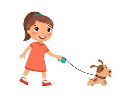 Joyeuse petite fille marche en laisse d'un chiot mignon