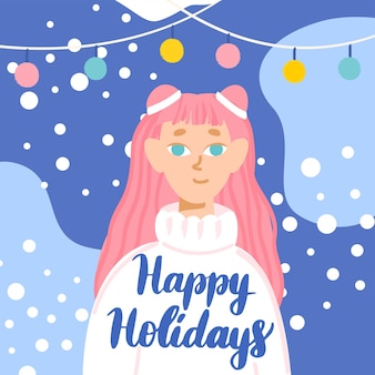 Joyeuses fêtes fille carte de voeux. illustration vectorielle de carte postale d'hiver.