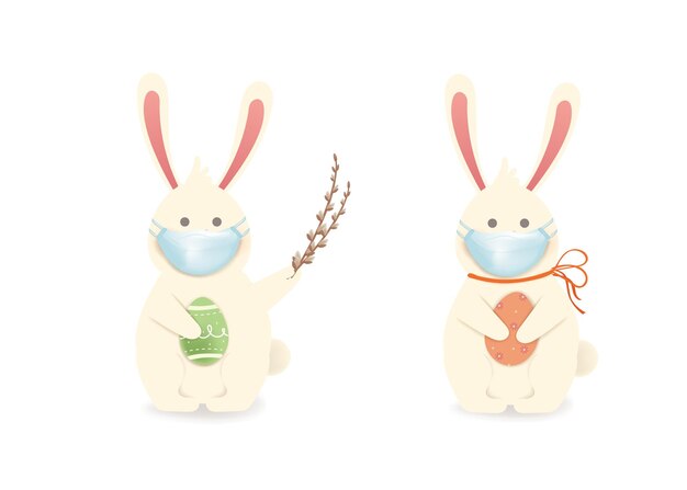 Joyeuses Paques Lapin De Paques Avec Masque Medical Oeufs Personnage De Lapin De Dessin Anime Mignon Et Drole Avec Oeuf Pascal Isole Illustration Vecteur Premium