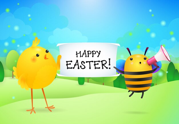 Joyeuses Pâques, lettrage sur bannière tenue par poulet et abeille