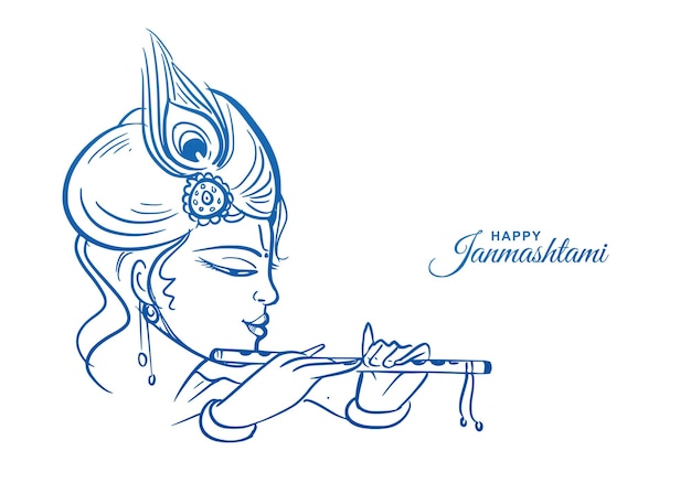 Vecteur gratuit joyeuses salutations janmashtami avec la conception de cartes de croquis du seigneur krishna