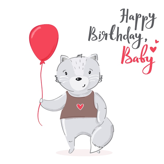 Joyeux Anniversaire Conception De Cartes De Bebe Chat Dessin Anime Vecteur Premium