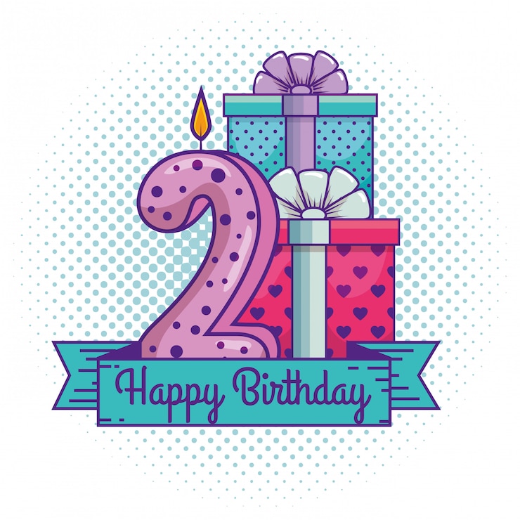 Vecteur gratuit joyeux anniversaire avec décoration de bougie numéro deux