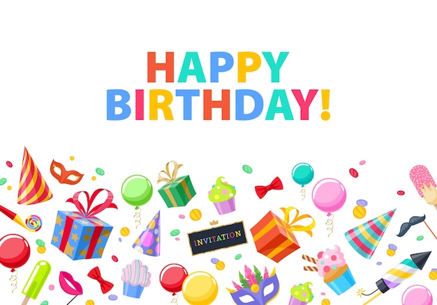 Joyeux Anniversaire Fond Festif De Fete De Carnaval Symboles Colores Chapeau Cadeaux Ballons Feux D Artifice Invitation Ou Carte De Voeux Vecteur Premium Joyeux Anniversaire Fond Festif De Fete De Carnaval Symboles Colores Chapeau Cadeaux Ballons Feux D Artifice Invitation Ou Carte De Voeux Vecteur Premium