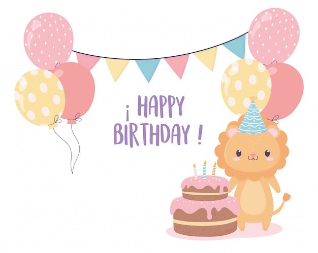 Joyeux Anniversaire Lion Gateau Ballons Drapeaux Celebration Decoration Carte Vecteur Premium Joyeux Anniversaire Lion Gateau Ballons Drapeaux Celebration Decoration Carte Vecteur Premium