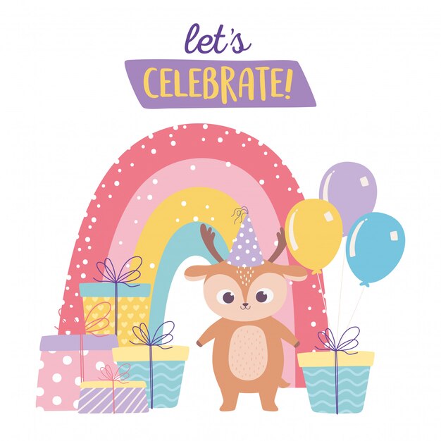 Joyeux Anniversaire Mignon Petit Cerf Avec De Nombreux Cadeaux Ballons Et Dessin Anime De Decoration De Celebration Arc En Ciel Vecteur Premium