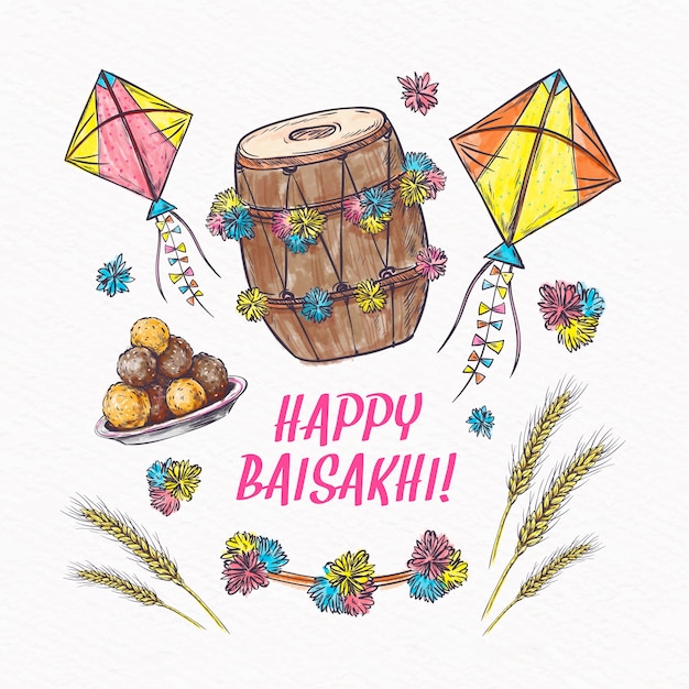 Vecteur gratuit joyeux baisakhi avec blé et cerfs-volants