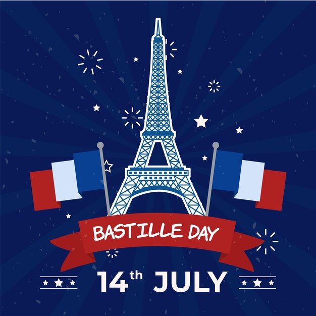 Vecteur gratuit joyeux bastille day eiffel tower et drapeaux